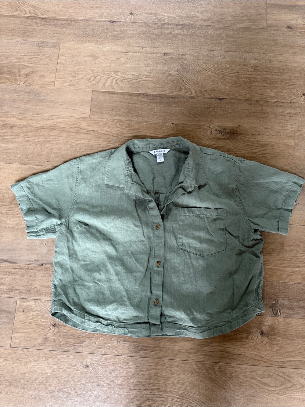 Athleta Olive Green Linen Button-Front Short Sleeve Shirt